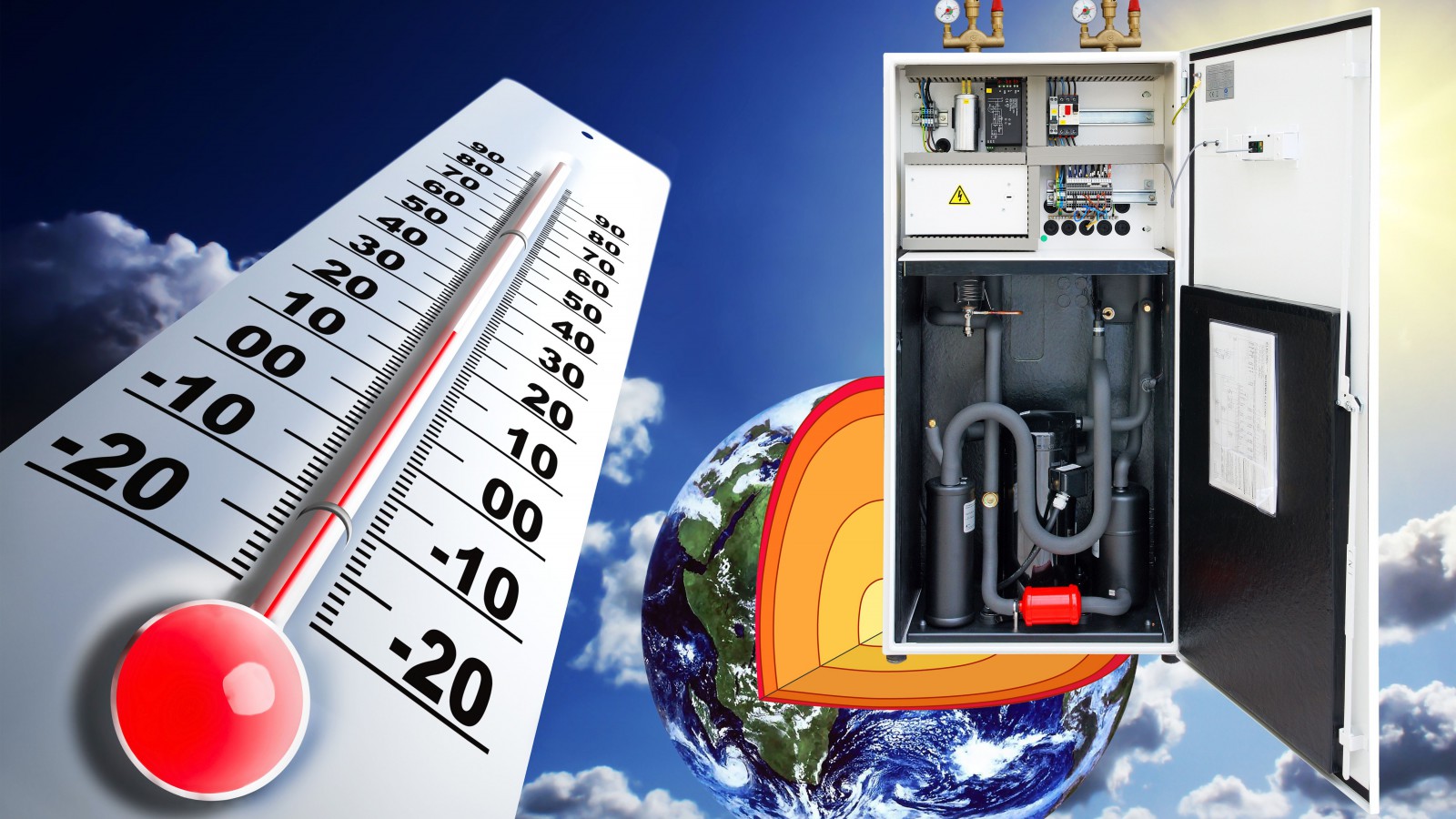 Kollage aus Heizkessel, Erde im Durchschnitt und Thermometer