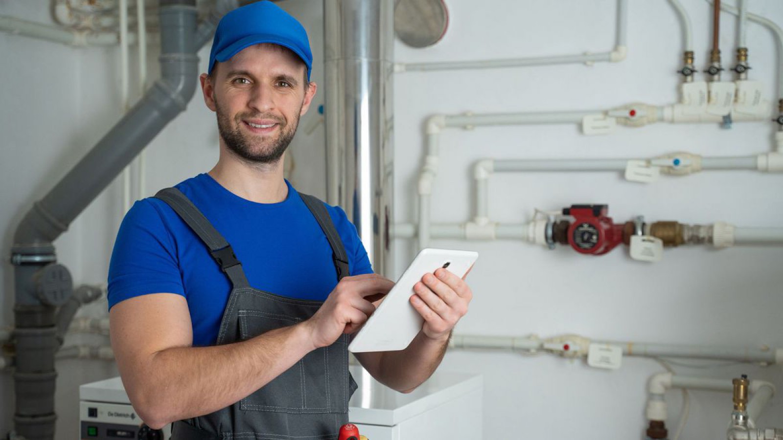 Heizungsinstallateur im Heizungskeller mit Tablet