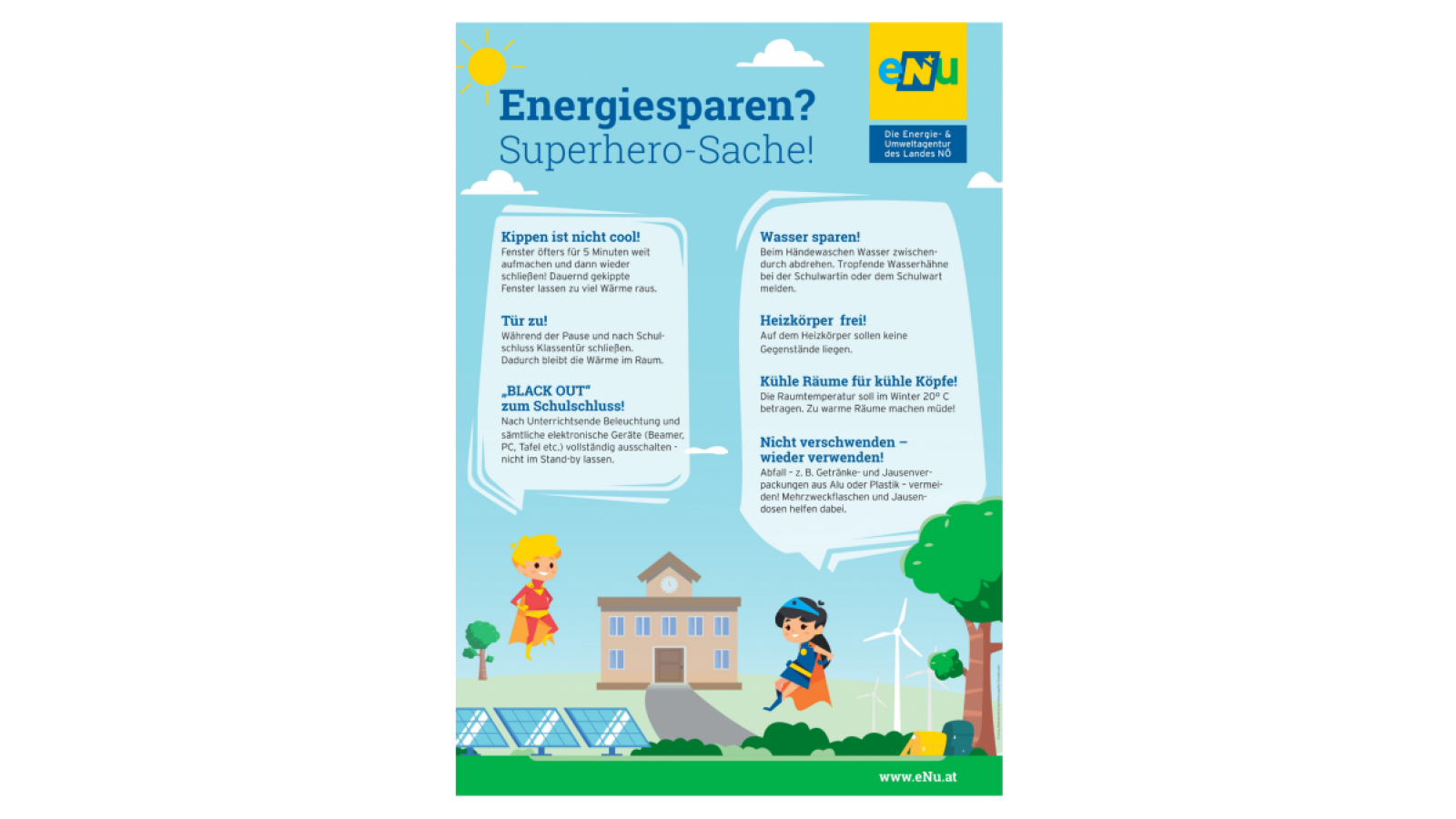 Energiesparen? Superhero-Sache! Ein Plakat mit spannenden Tipps zum Energiesparen. 