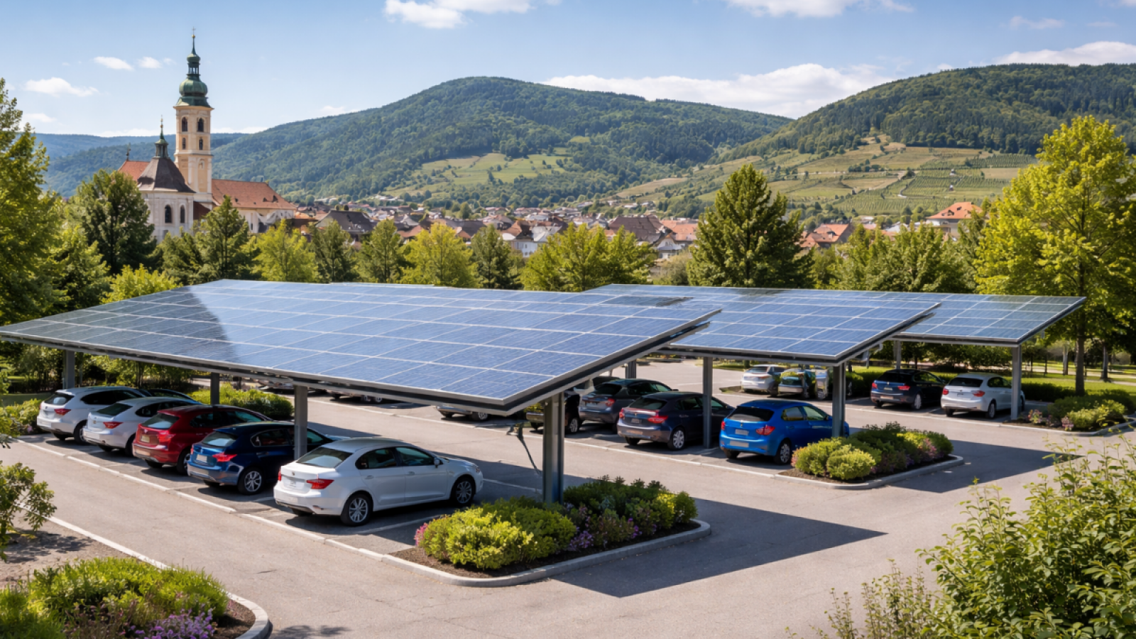 Foto einer PV-&Uuml;berdachung eines Parkplatzes. 