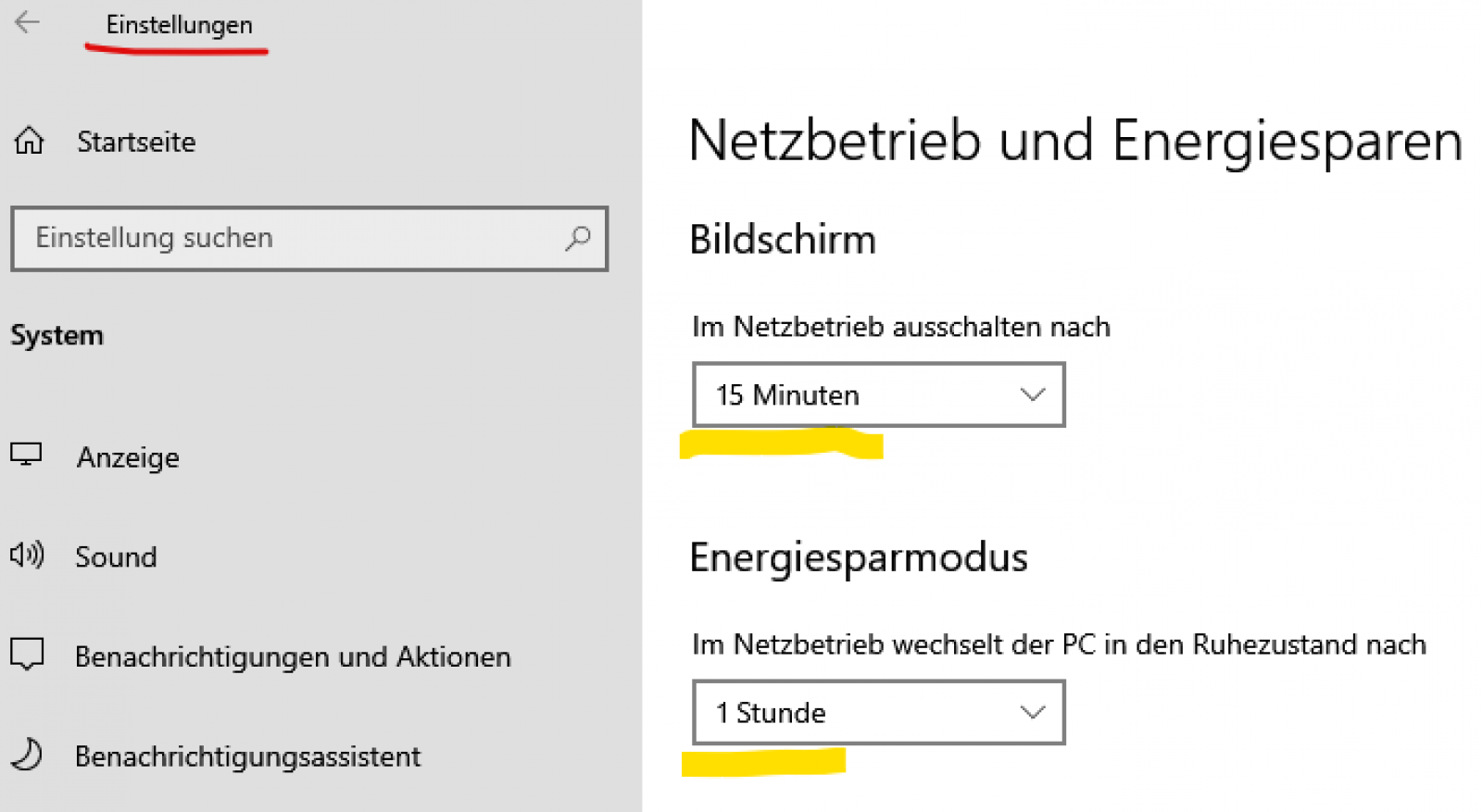 Einstellungen zu Energiesparen am Computer