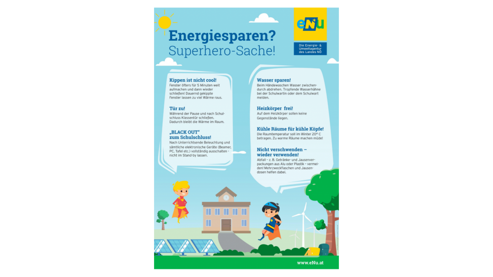 Energiesparen? Superhero-Sache! Ein Plakat mit spannenden Tipps zum Energiesparen. 