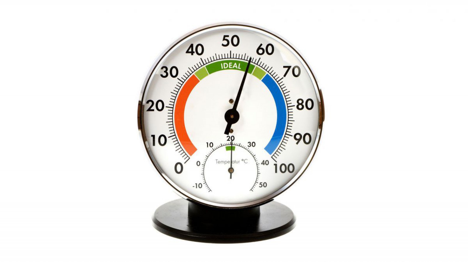 Ein Hygrometer zur Messung der relativen Luftfeuchtigkeit mit zus&auml;tzlicher Temperaturanzeige.